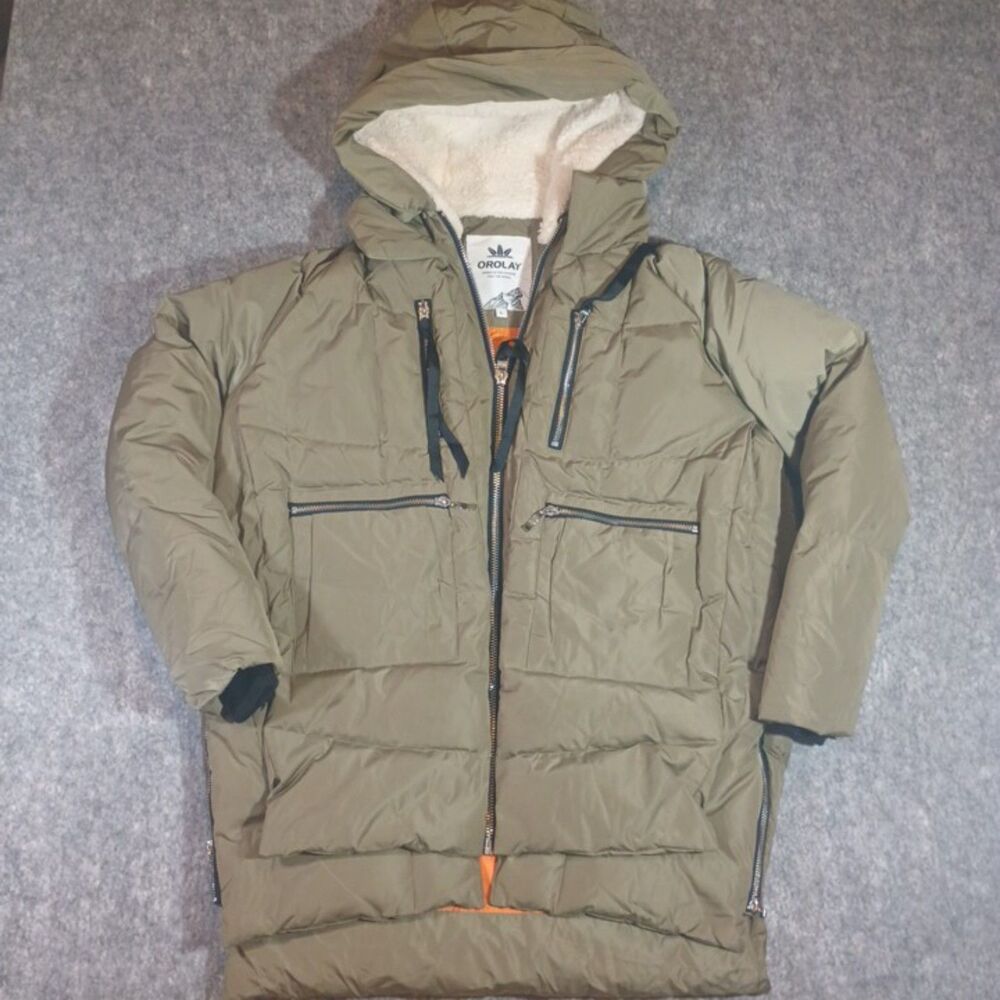 Orolay Down Coat Parka Women Size Large Olive Green Puffer Hooded Zipper Split